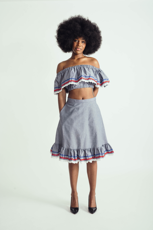 Jupe taille haute avec ric-rac bleu et rouge