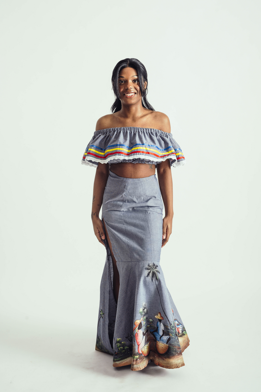 Jupe taille haute avec fente et peinture artisanale