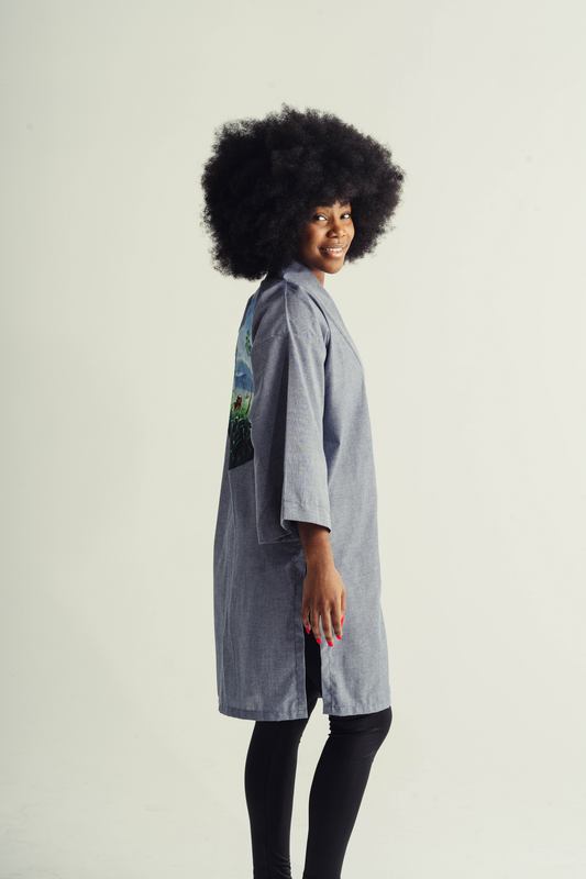 Kimono mi-long peint à la main, fentes latérales