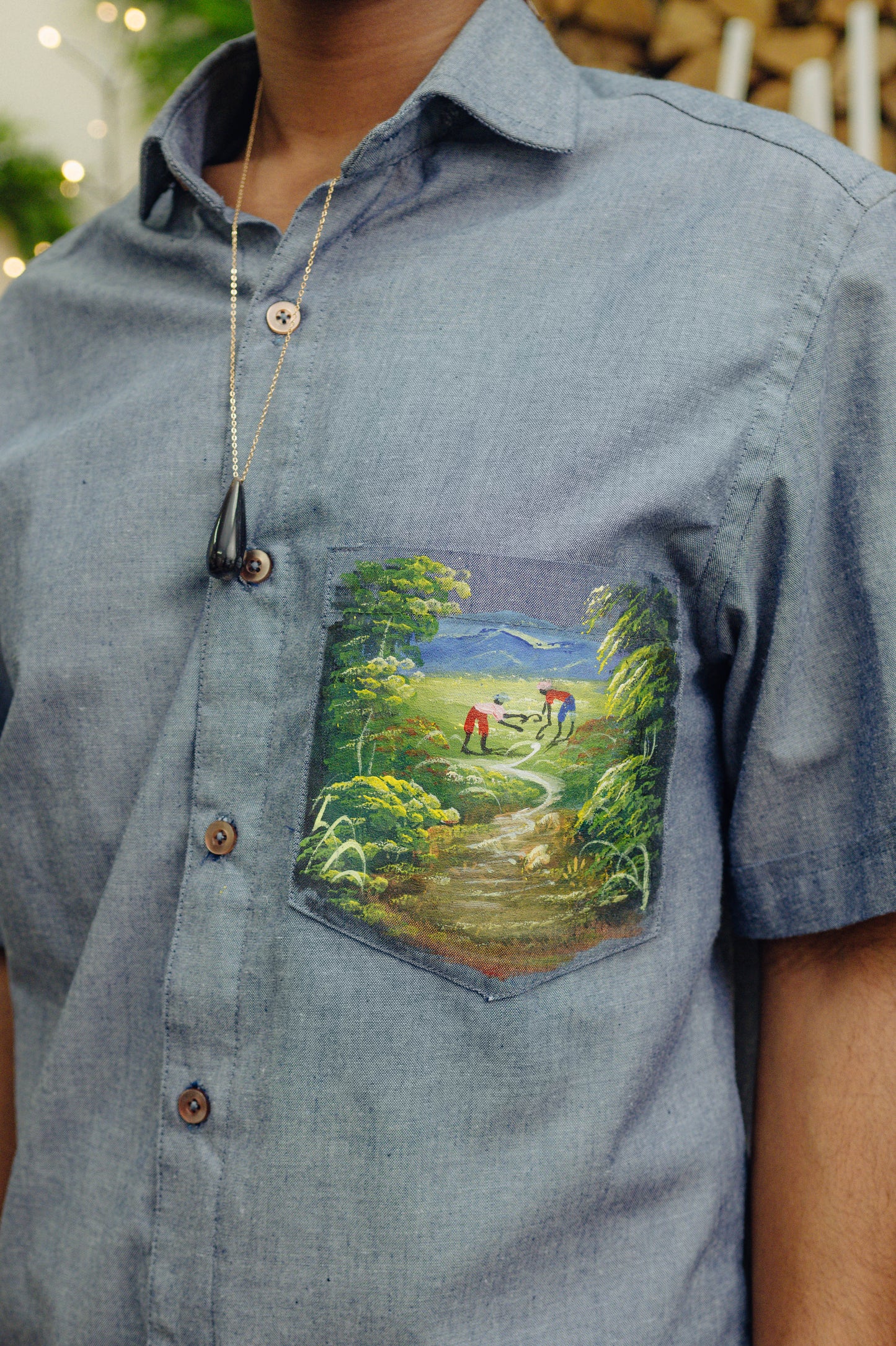 Chemise chambray mixte avec poche peinte à la main